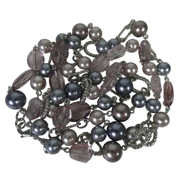 Premier Designs Grey Pink Faux Pearl Beaded Super Long Necklace Twist Chain 48" - Picture 2 of 9